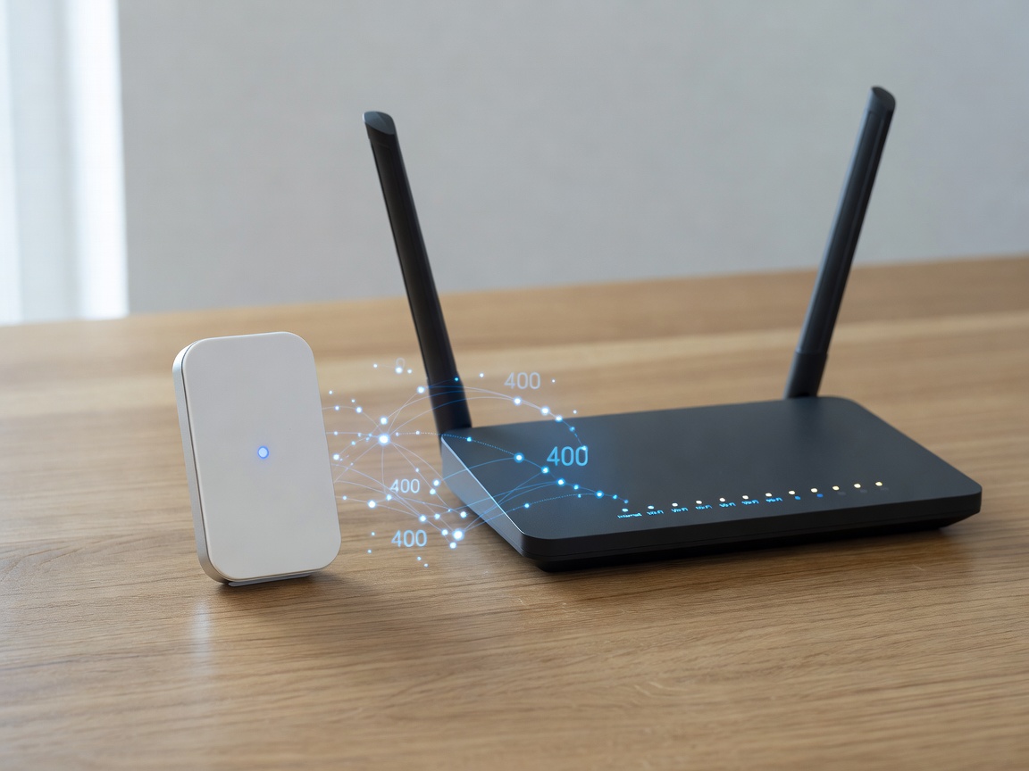 A smart door sensor sitting next to a wireless home router indicating IoT connectivity
