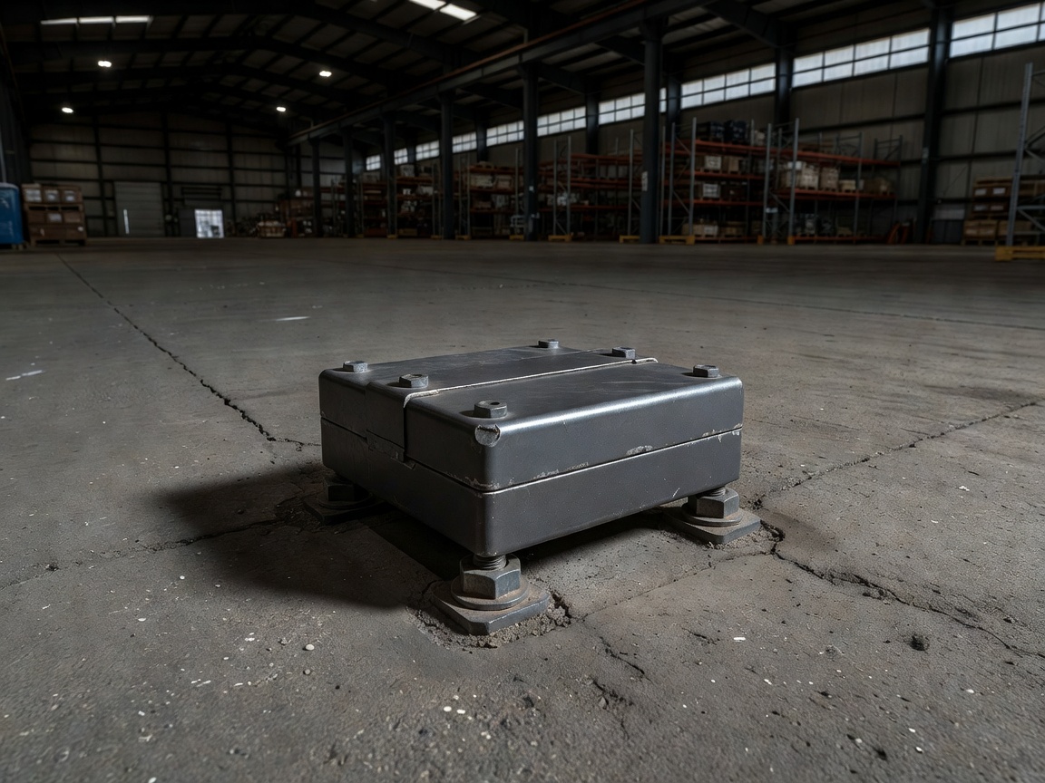 An armored commercial door sensor bolted to a concrete warehouse floor