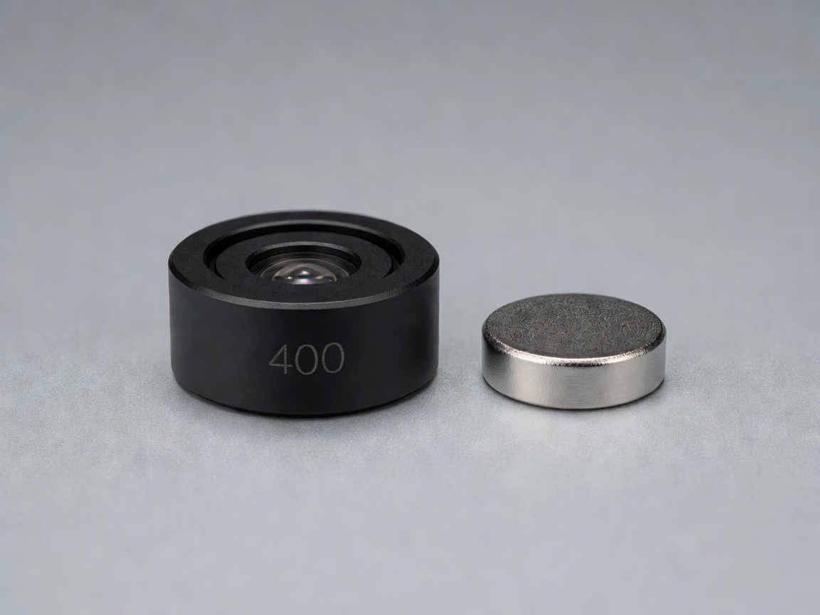 Close-up of a cylindrical recessed sensor and its magnet component side-by-side