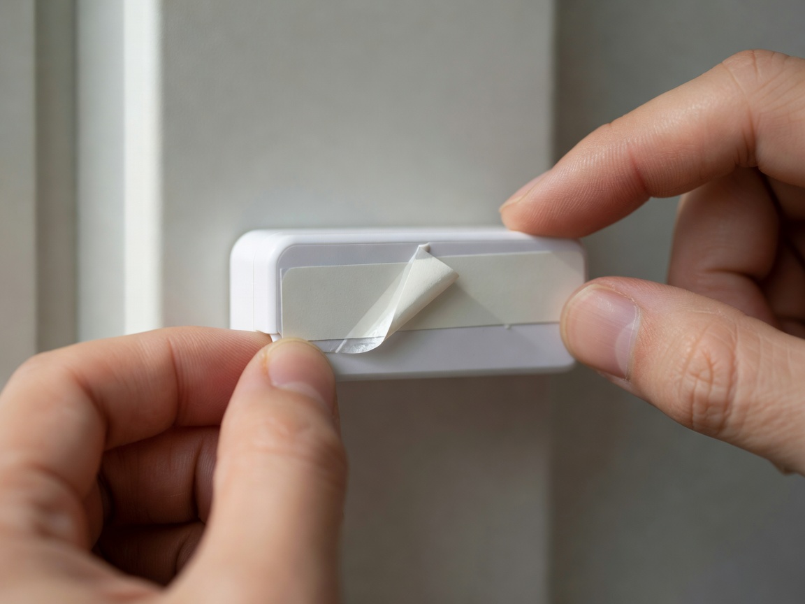 Close up of a person peeling the backing off double-sided tape on a surface mount door sensor