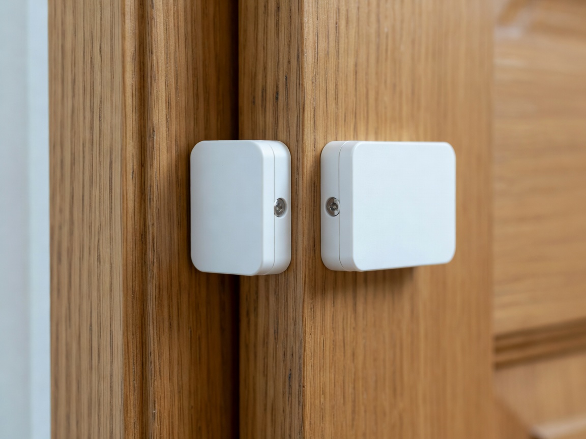 Close-up of a white magnetic contact sensor mounted on a wooden door frame