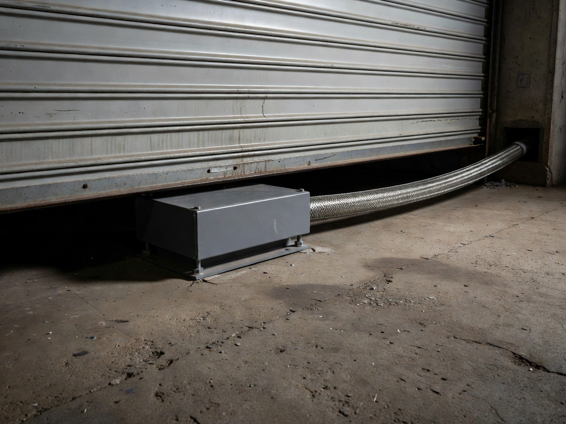 Heavy duty armored cable sensor mounted on a concrete floor beneath a commercial rolling steel door