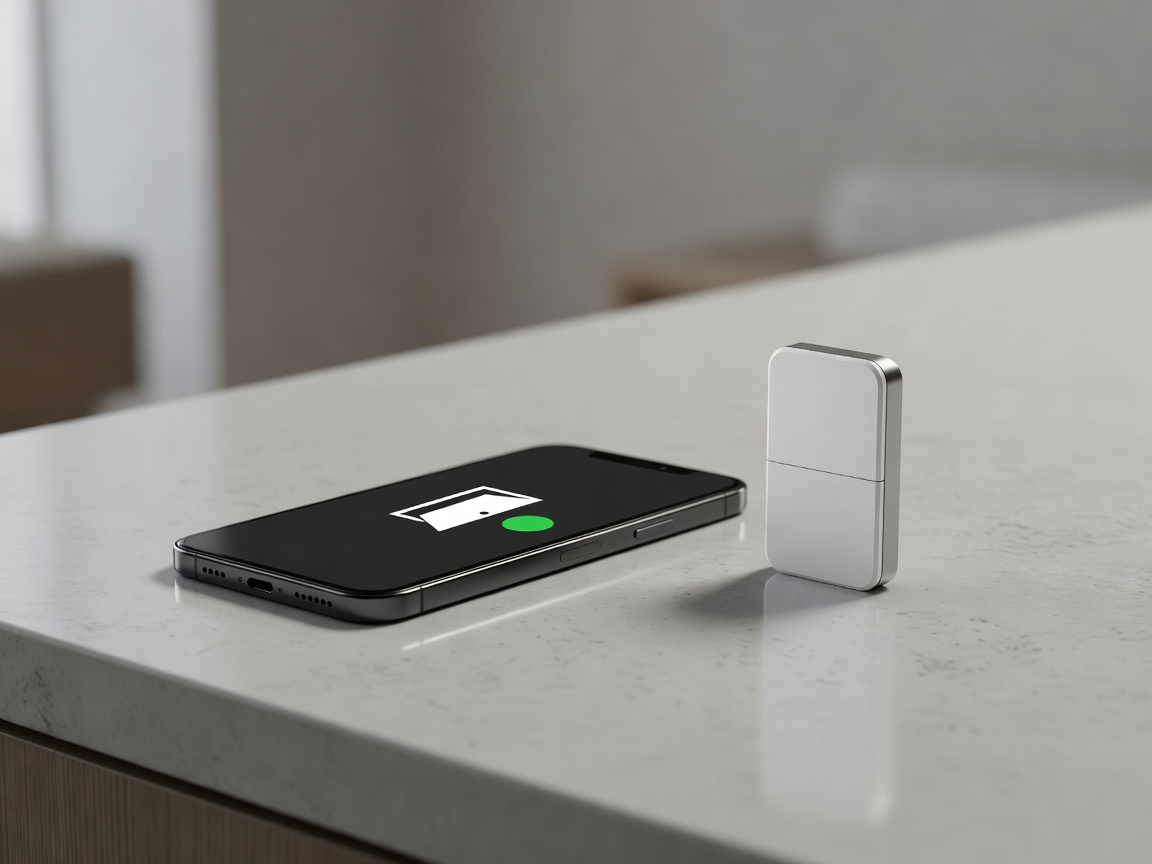 Smartphone displaying an open door notification next to a modern smart sensor